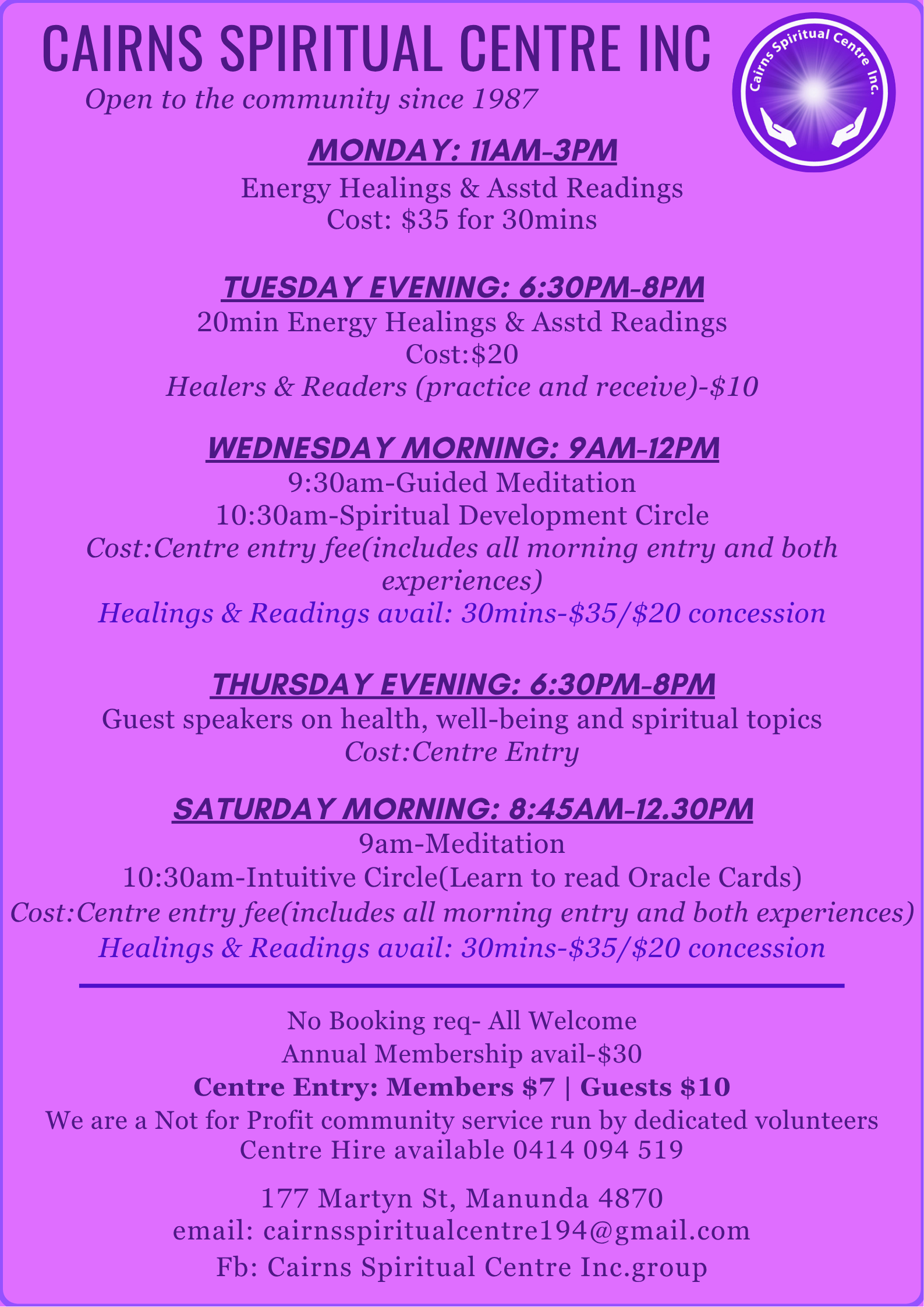 Cairns Spiritual Centre Program