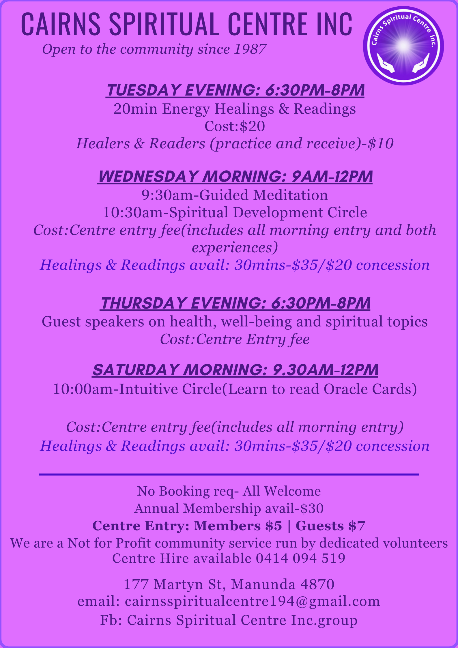 Cairns Spiritual Centre Program