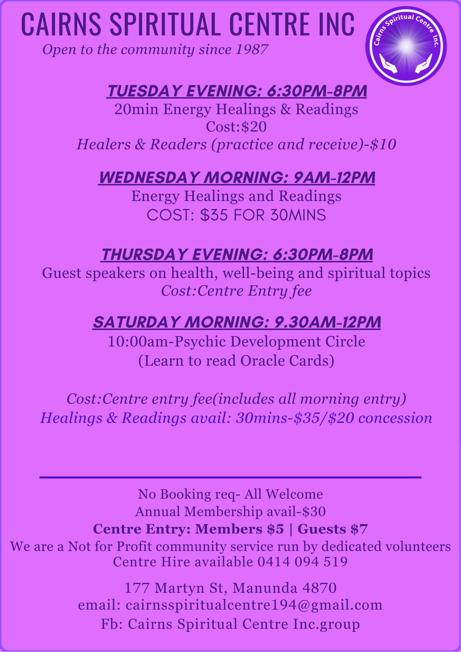 Wkly Schedule Dec(1) Cairns Spiritual Centre Program